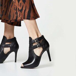 XYD Black Peep Toe Ankle Bootie High Heels Buckled Double Straps Cutout Shoes